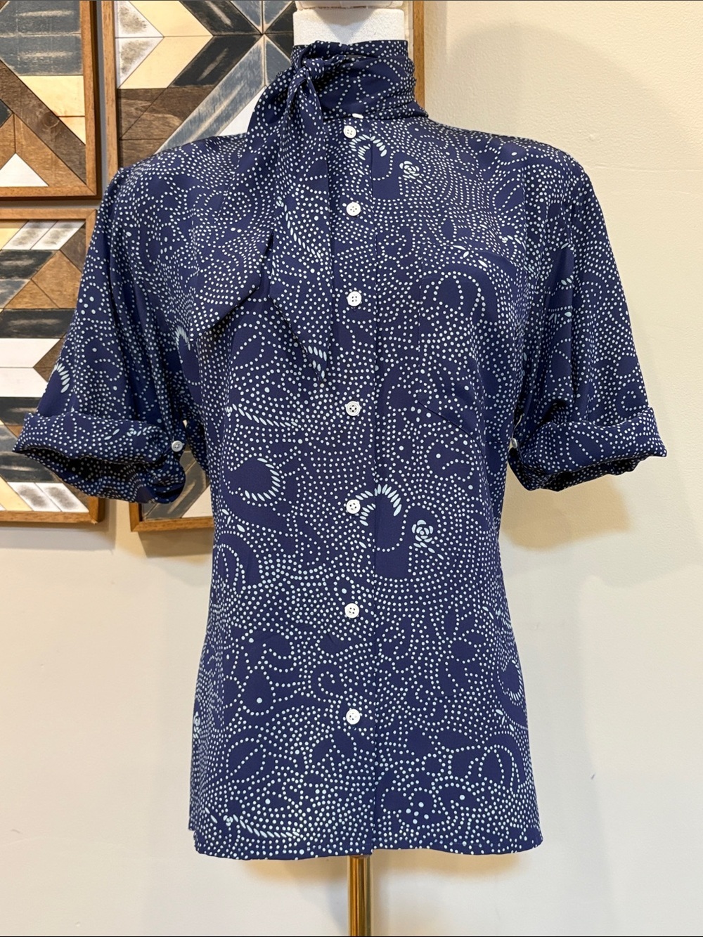 Vintage Ralph Lauren 80s Blue Label Printed Silk Scarf Blouse size 8.
